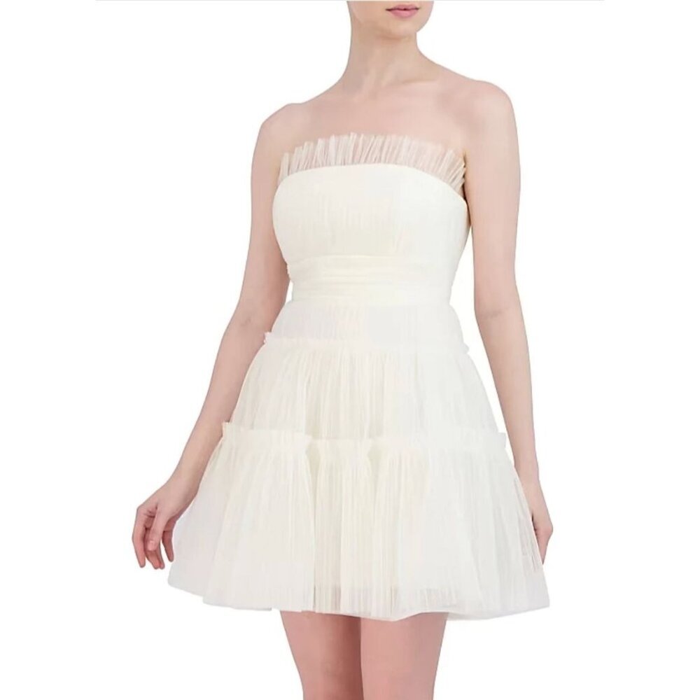NWT BCBGMAXAZRIA Strapless Tiered Tulle Mini Dress White Size 0 $398 [jb]